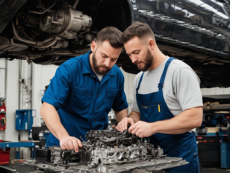 Professional RV repair technician working on vehicle engine in modern workshop